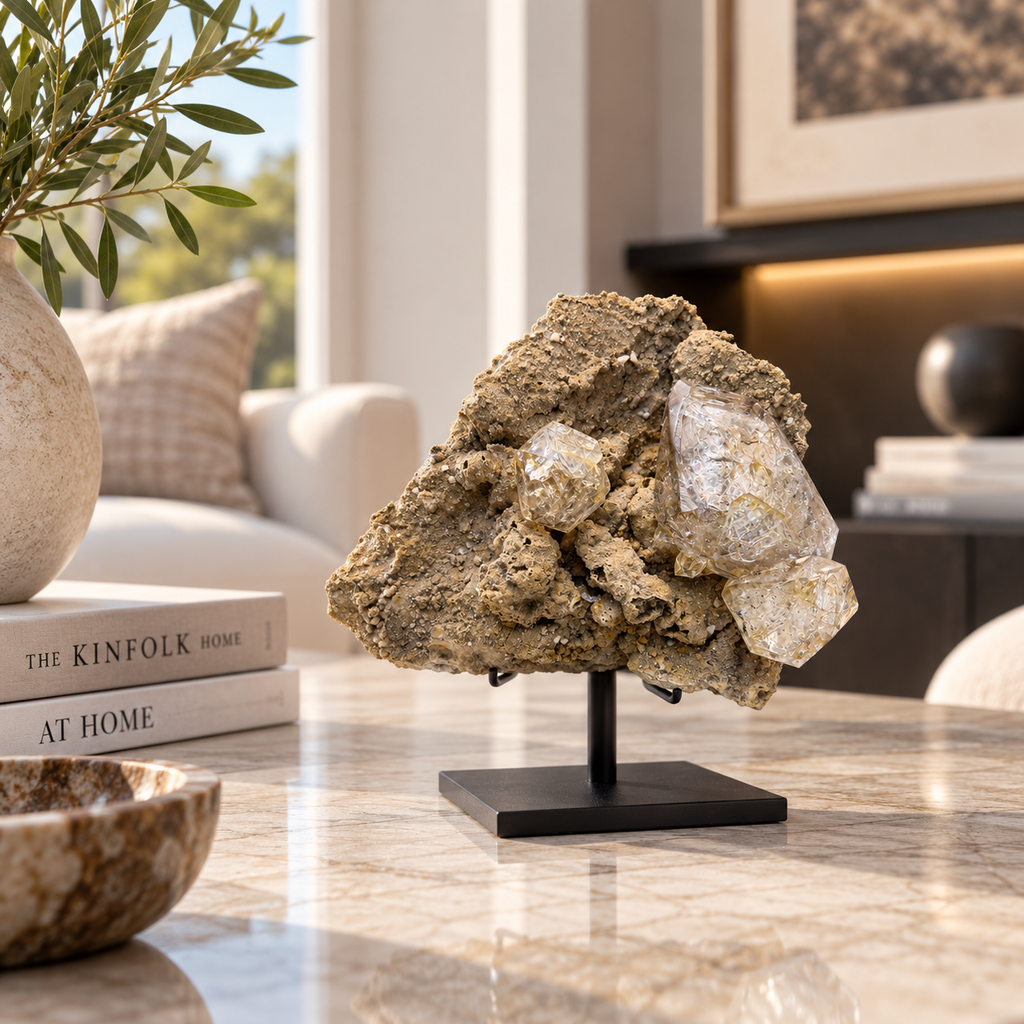 Natural Herkimer Diamond Crystal Specimen on Display Stand