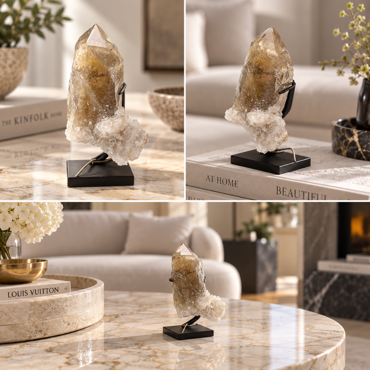 Natural Rutilated Quartz Crystal Cluster on Display Stand
